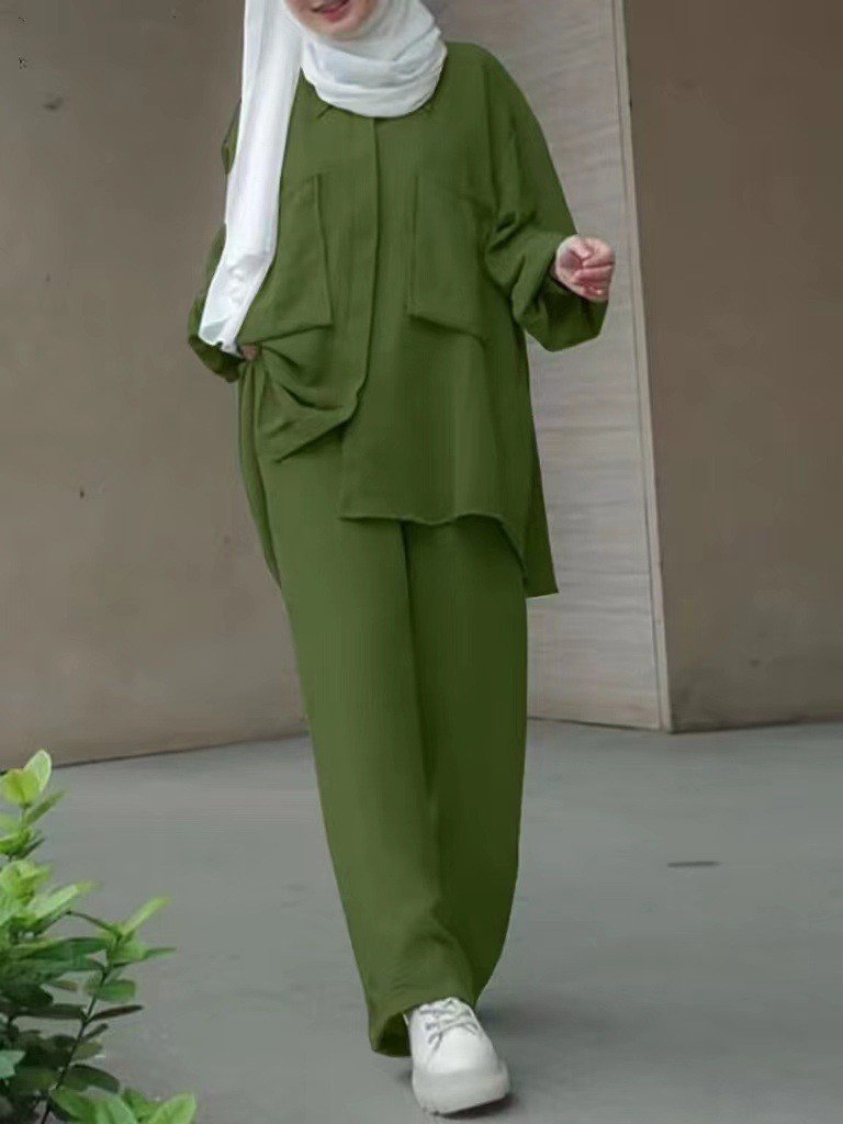 Long Sleeve Patch Pocket Concealed Placket Pants and Shirt Two Piece Set Women Muslim Loose Two Piece Islamic Clothing