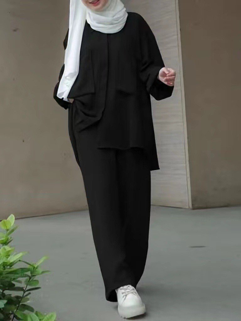 Long Sleeve Patch Pocket Concealed Placket Pants and Shirt Two Piece Set Women Muslim Loose Two Piece Islamic Clothing