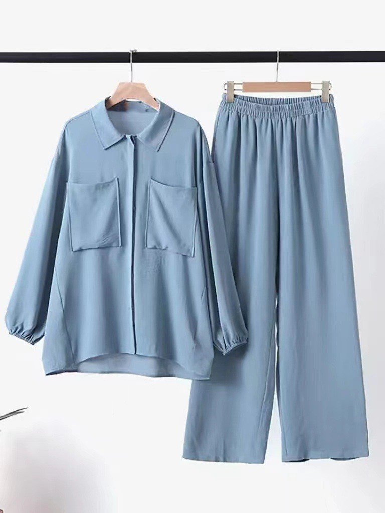 Long Sleeve Patch Pocket Concealed Placket Pants and Shirt Two Piece Set Women Muslim Loose Two Piece Islamic Clothing