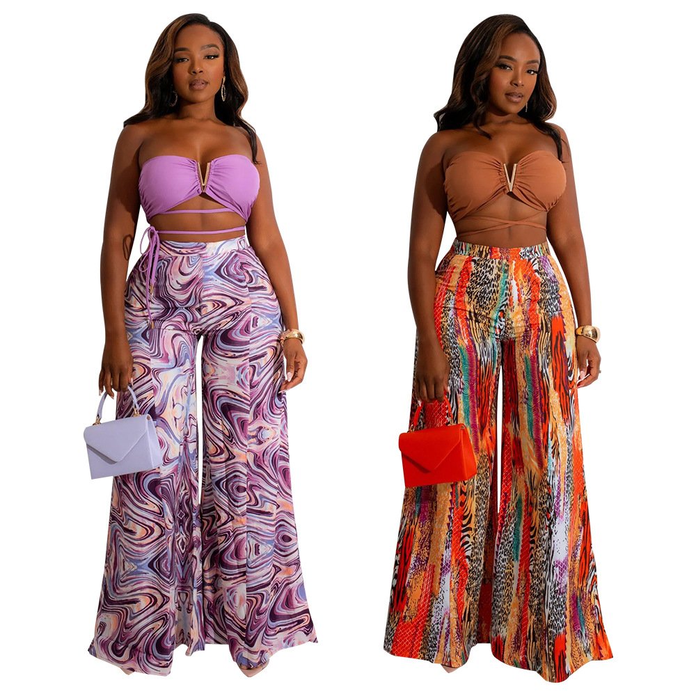 Women clothing 2 piece pant set Sexy Tops Wide Leg Pants Printed Two-piece Set