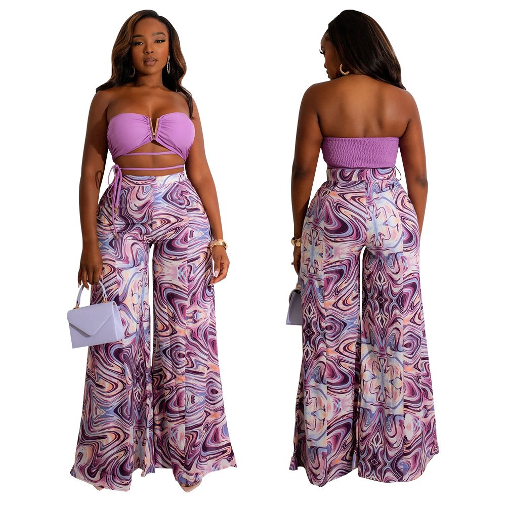 Women clothing 2 piece pant set Sexy Tops Wide Leg Pants Printed Two-piece Set