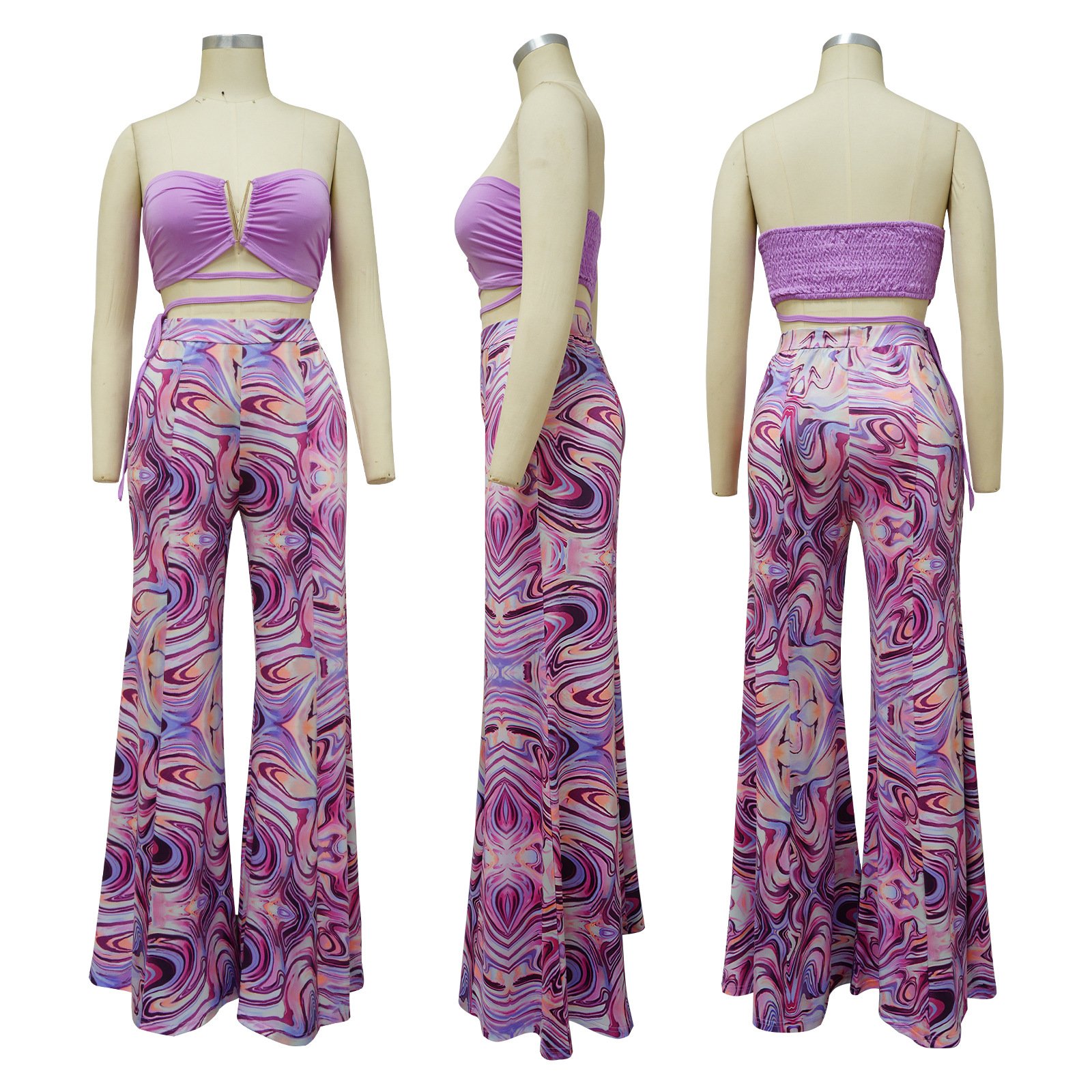 Women clothing 2 piece pant set Sexy Tops Wide Leg Pants Printed Two-piece Set