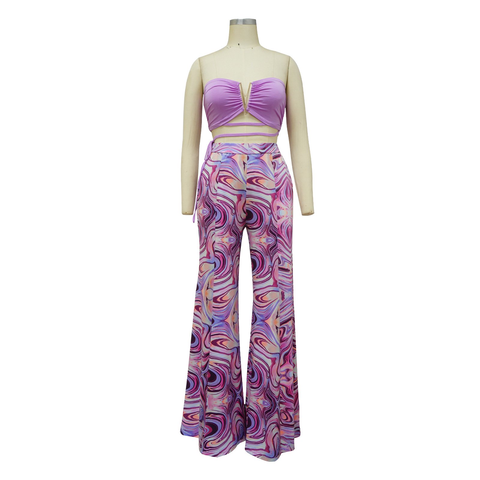 Women clothing 2 piece pant set Sexy Tops Wide Leg Pants Printed Two-piece Set