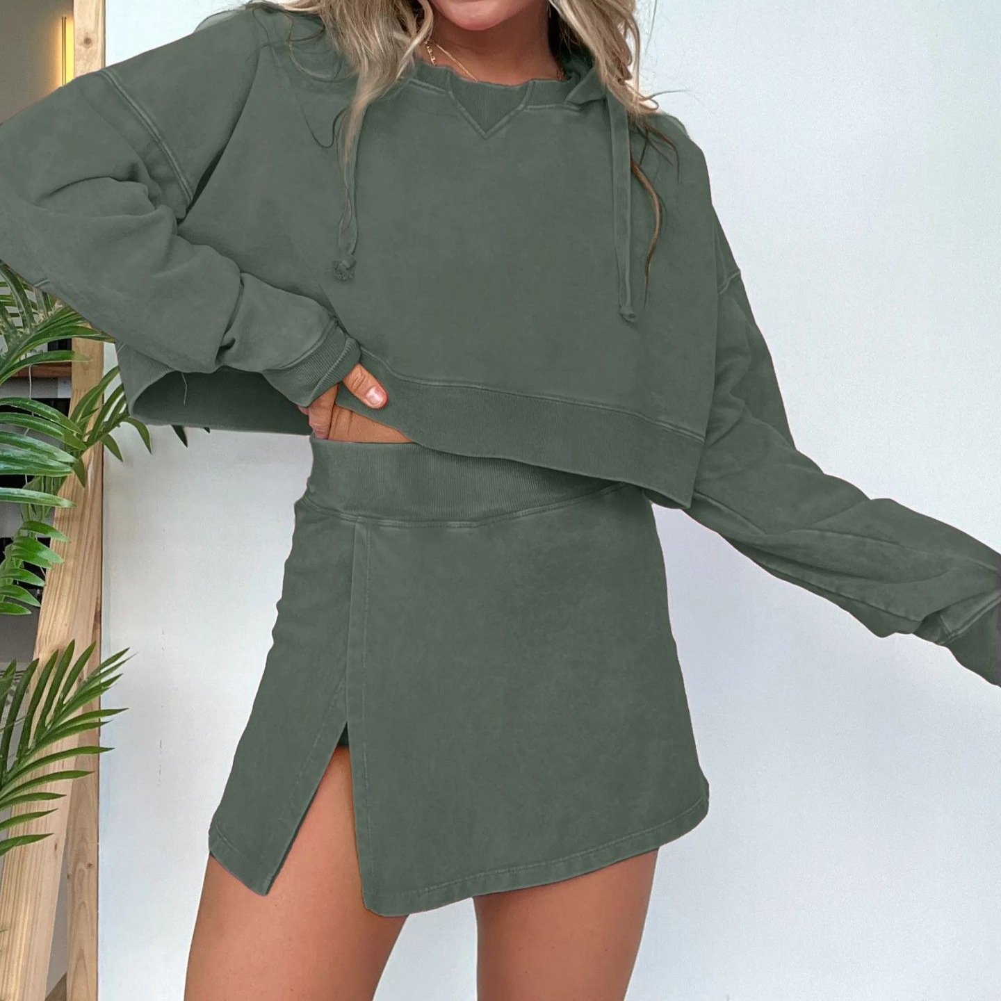Hooded Hoodies Skirt Two Pieces Sets Loose Casual Mineral Acid Washed Skirt Suits for Women