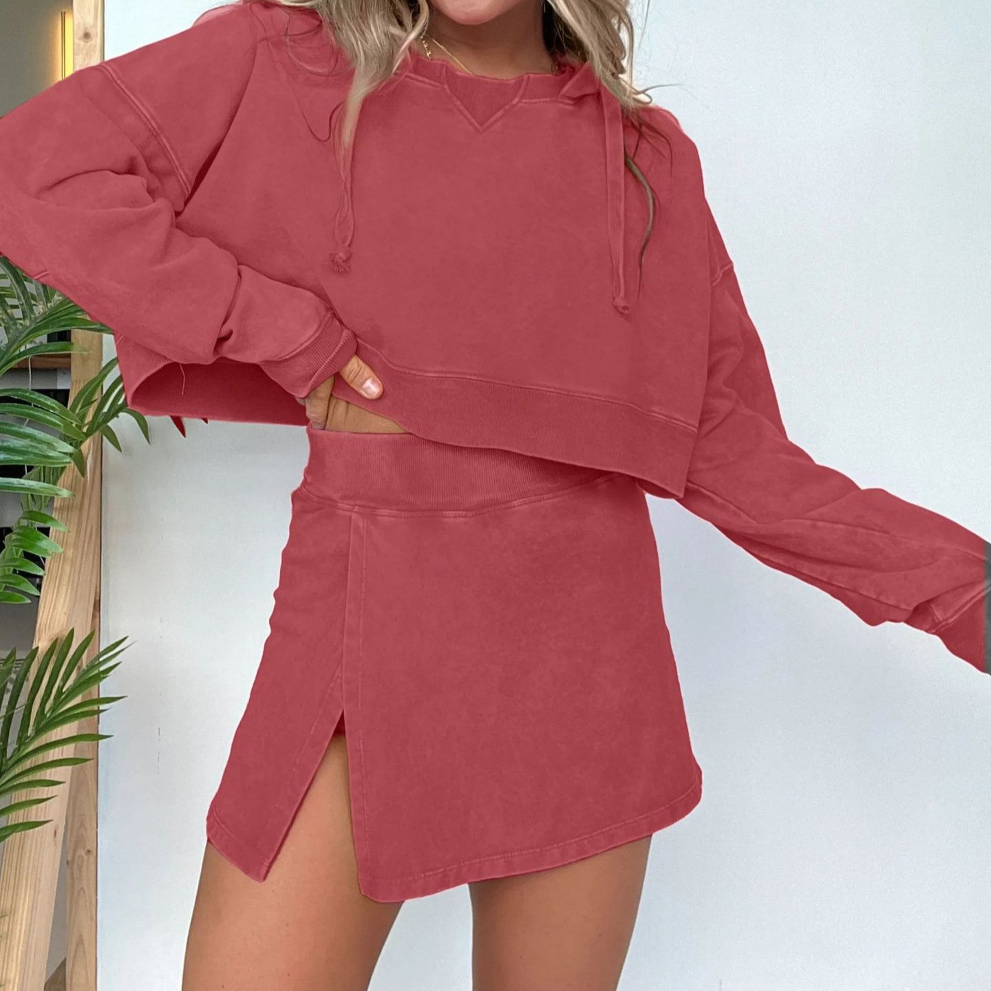 Hooded Hoodies Skirt Two Pieces Sets Loose Casual Mineral Acid Washed Skirt Suits for Women