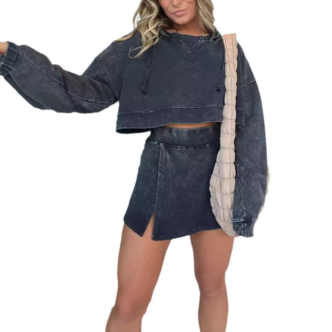 Hooded Hoodies Skirt Two Pieces Sets Loose Casual Mineral Acid Washed Skirt Suits for Women