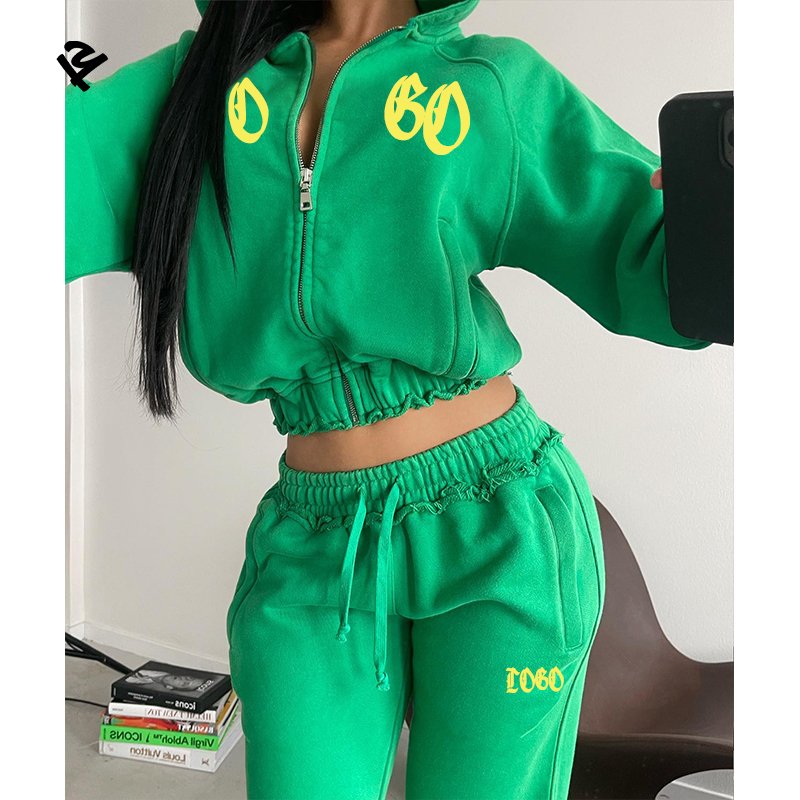 L801173 Clothing Manufacturers Custom Autumn Y2k Streetwear Applique Sweatsuits Fleece Acid Wash Tracksuits Crop Hoodie Set