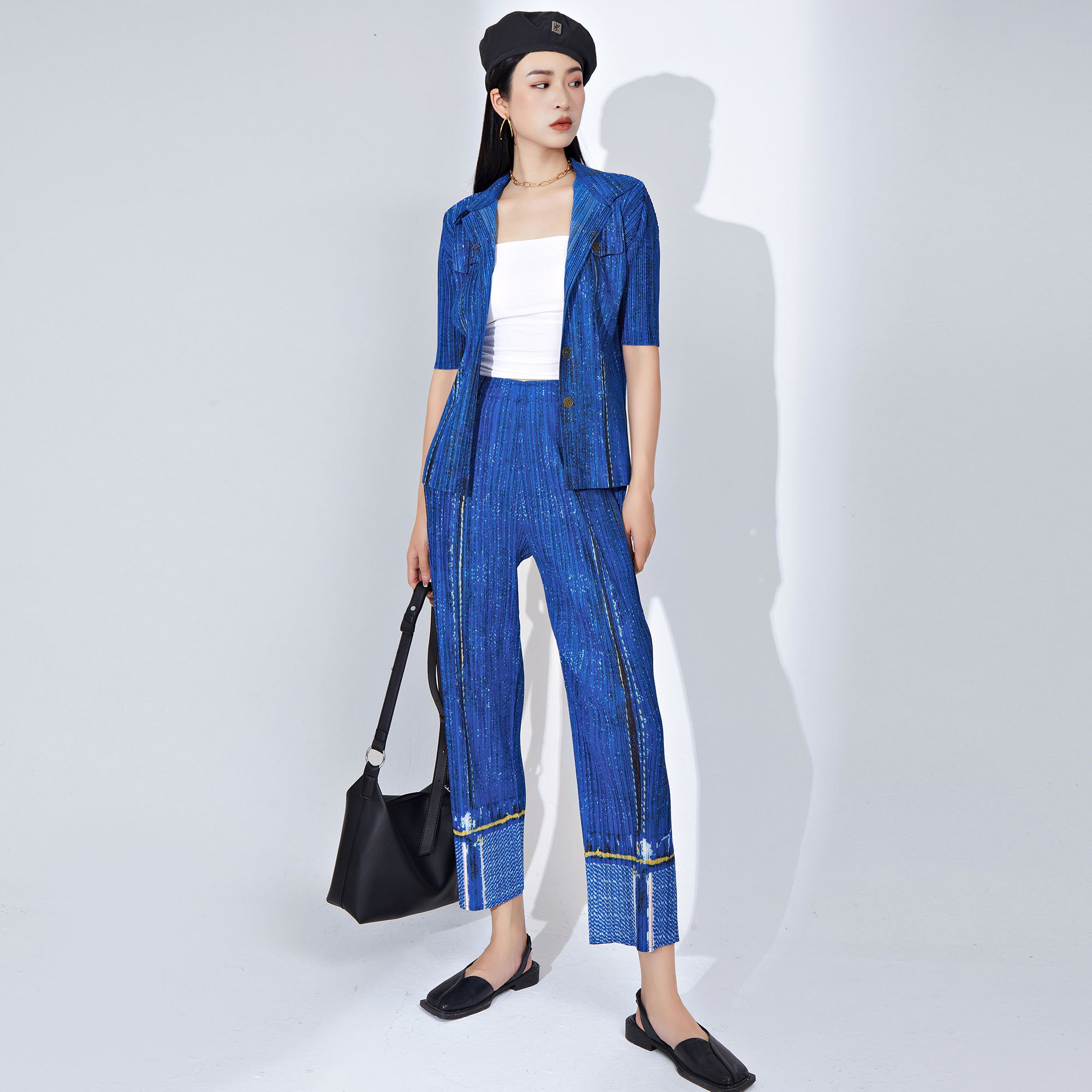 Women's Denim Style Pleated Set Fashionable 2-Piece Outfit with Single-Breasted Short-Sleeve Cardigan Top and Pleated Long Pants