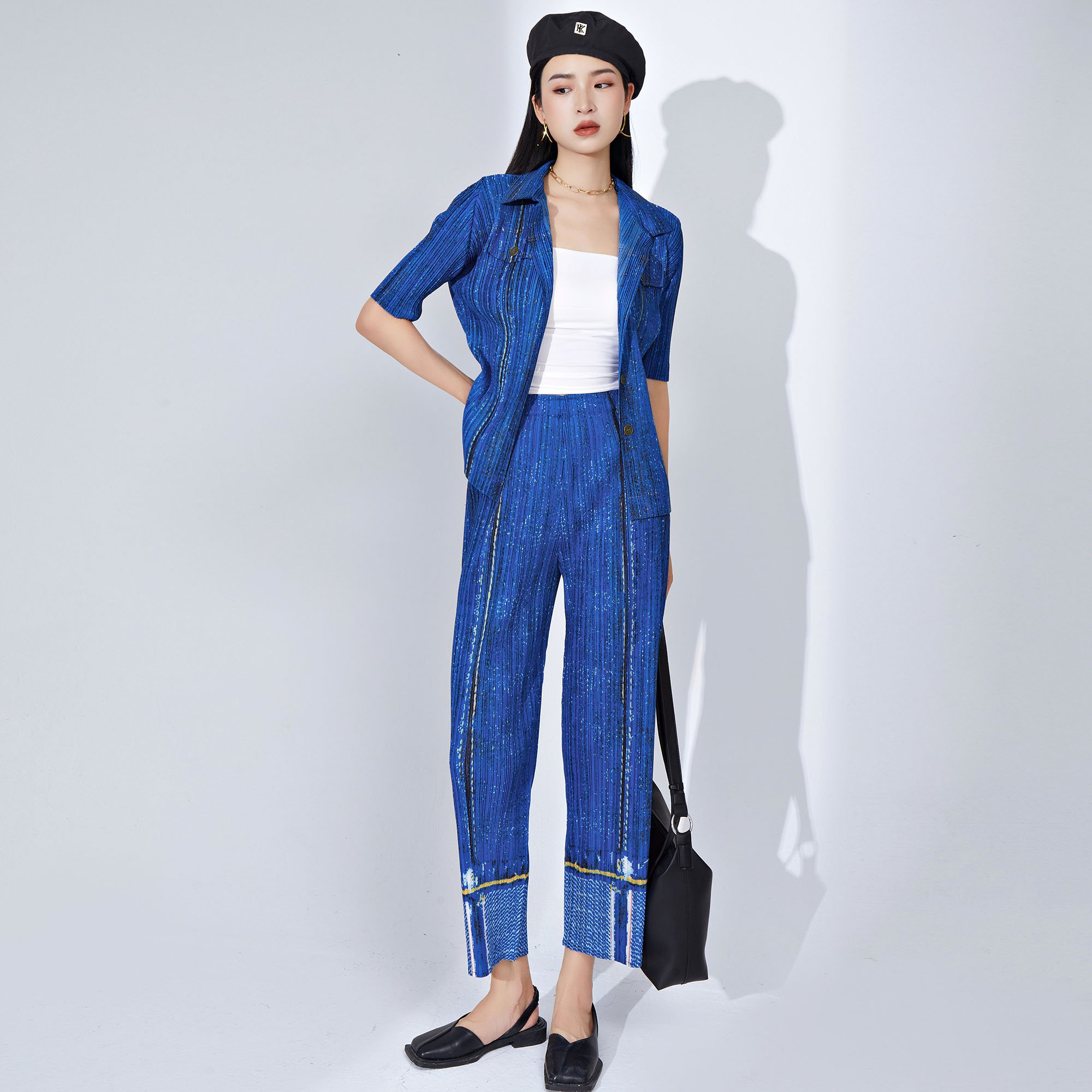 Women's Denim Style Pleated Set Fashionable 2-Piece Outfit with Single-Breasted Short-Sleeve Cardigan Top and Pleated Long Pants