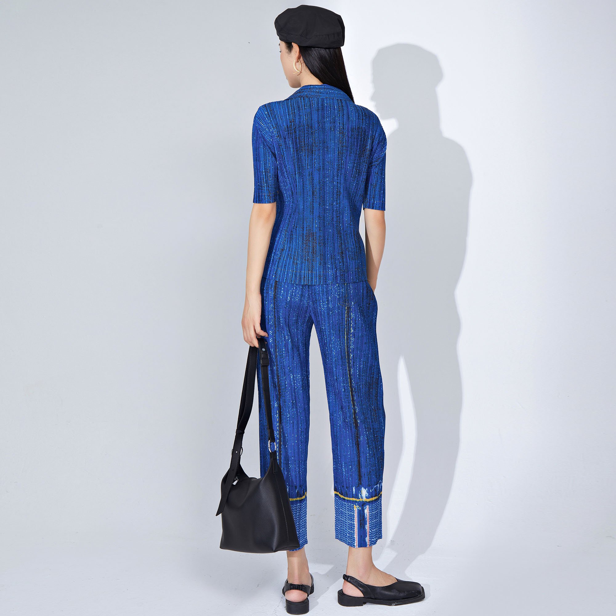 Women's Denim Style Pleated Set Fashionable 2-Piece Outfit with Single-Breasted Short-Sleeve Cardigan Top and Pleated Long Pants