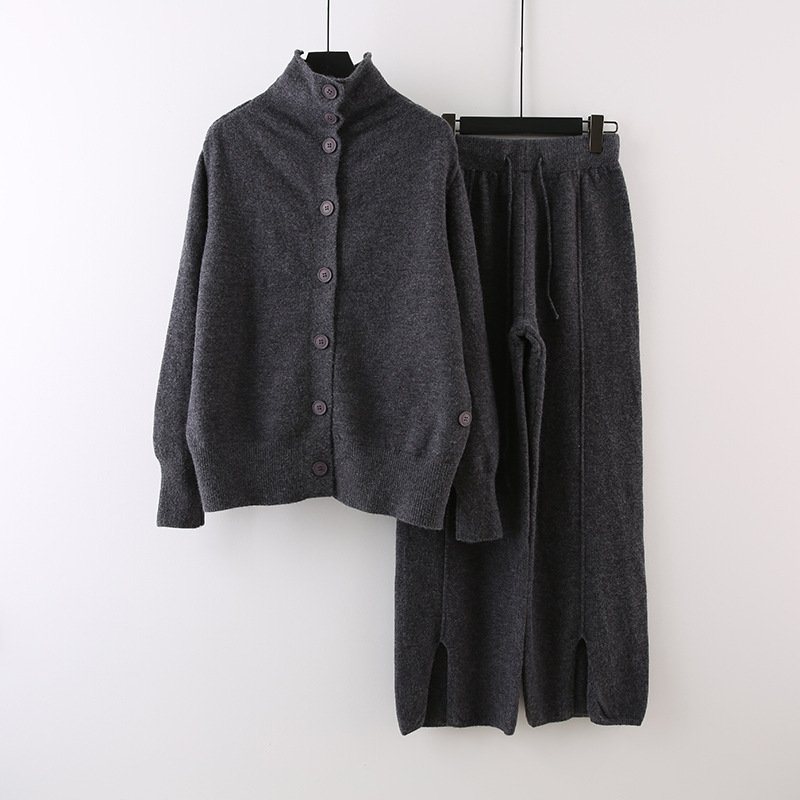 Wholesale 2024 Autumn New Fashionable High Collar Sweater Thickened Knitted Cardigan Wide Leg Pants Women's Set