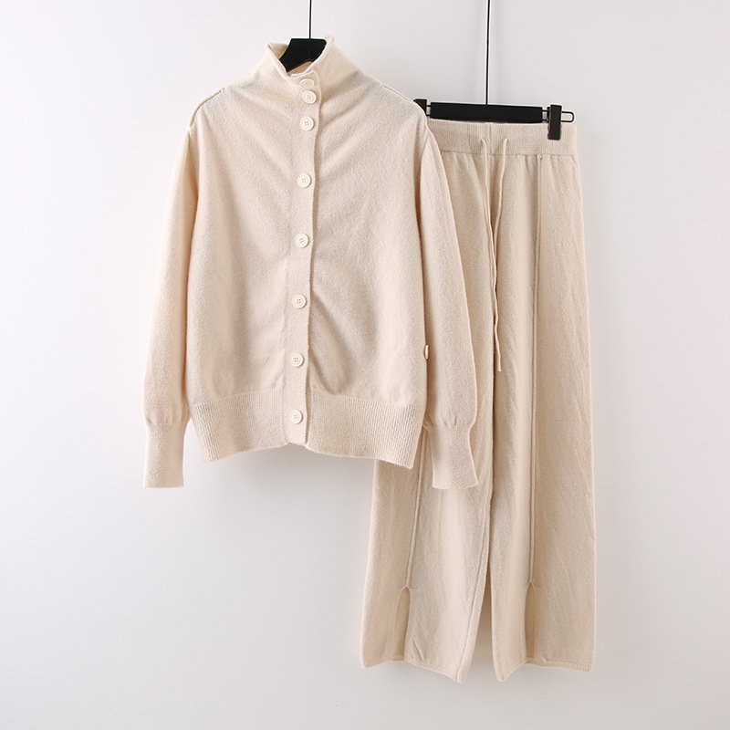 Wholesale 2024 Autumn New Fashionable High Collar Sweater Thickened Knitted Cardigan Wide Leg Pants Women's Set