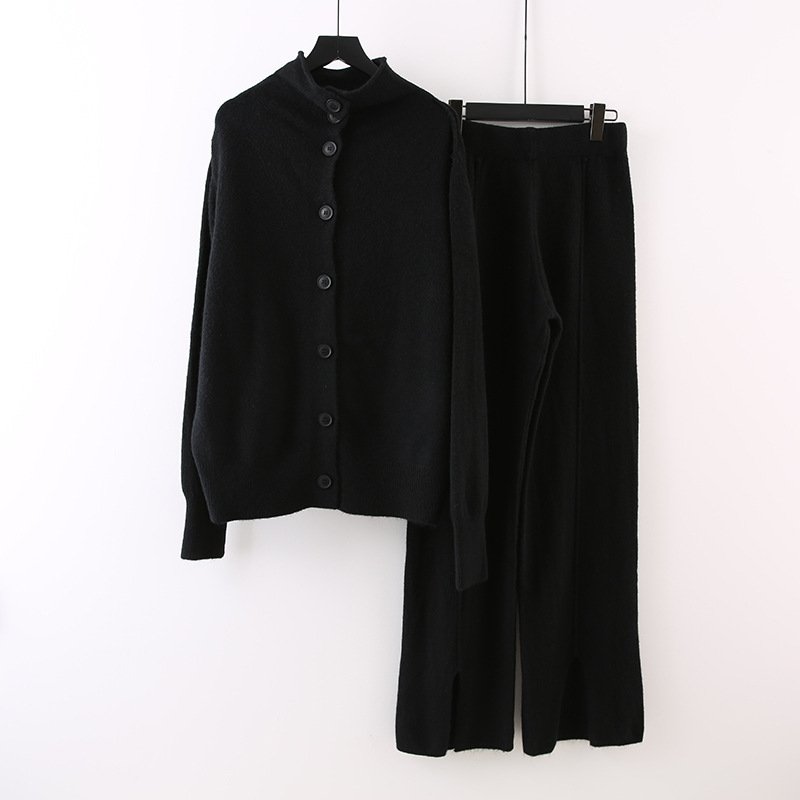 Wholesale 2024 Autumn New Fashionable High Collar Sweater Thickened Knitted Cardigan Wide Leg Pants Women's Set