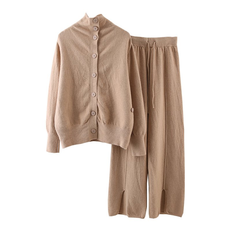 Wholesale 2024 Autumn New Fashionable High Collar Sweater Thickened Knitted Cardigan Wide Leg Pants Women's Set