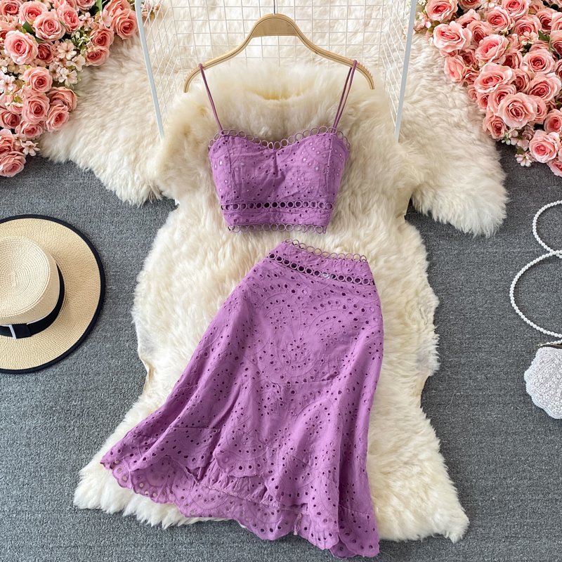 Seaside Vacation Suit Summer New Backless Short Tube Top Sling Top High Waist Ruffle Skirt Women's Sets