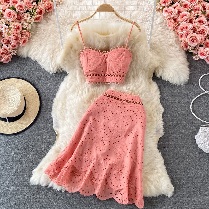 Seaside Vacation Suit Summer New Backless Short Tube Top Sling Top High Waist Ruffle Skirt Women's Sets