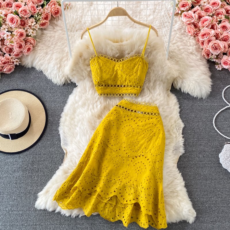 Seaside Vacation Suit Summer New Backless Short Tube Top Sling Top High Waist Ruffle Skirt Women's Sets