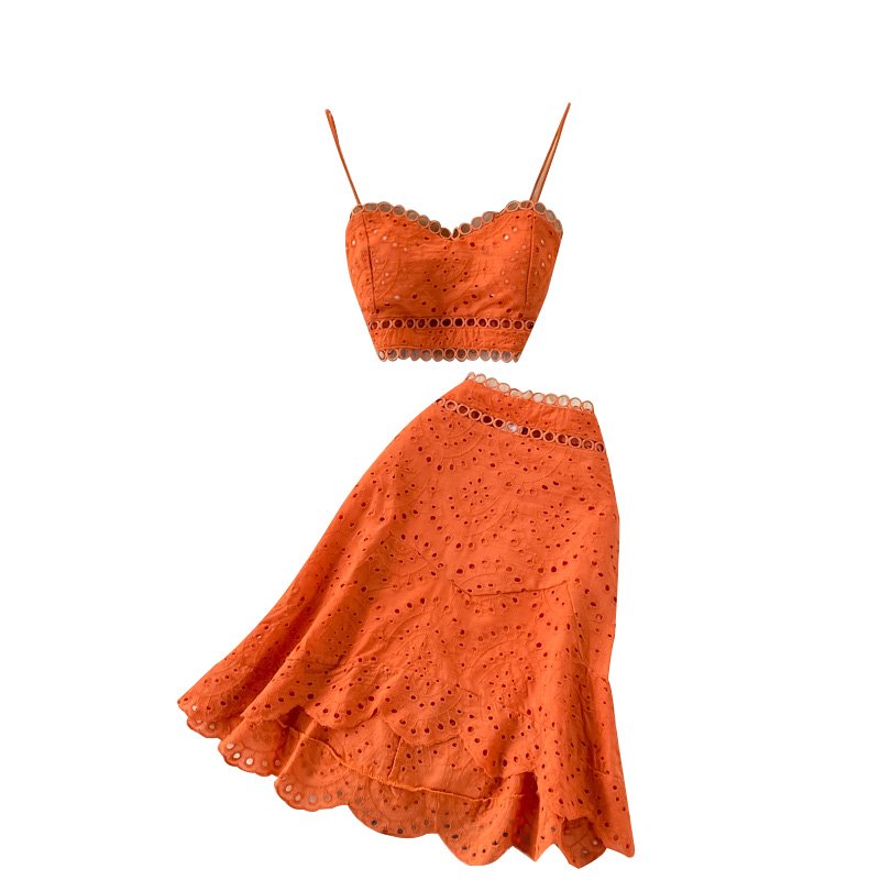 Seaside Vacation Suit Summer New Backless Short Tube Top Sling Top High Waist Ruffle Skirt Women's Sets