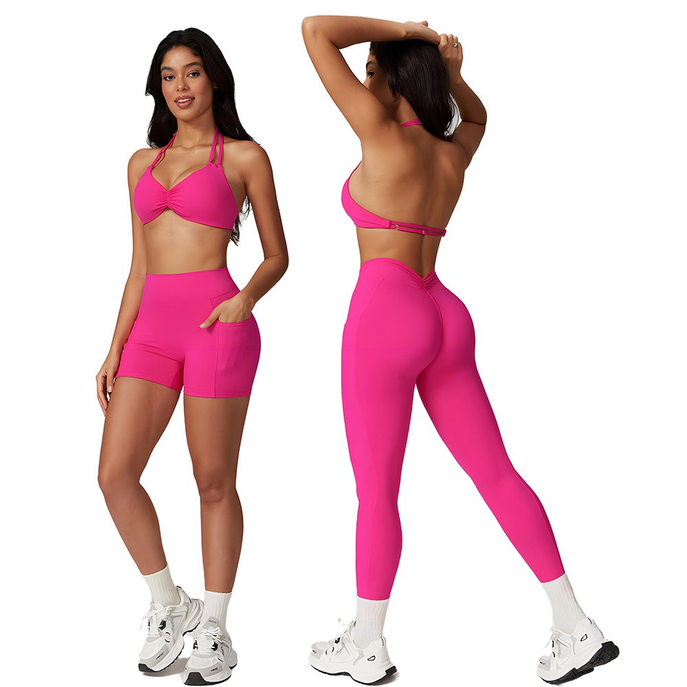 Wholesale 2024 Women's Yoga Set Breathable Quick Dry Sports Bra Leggings Lightweight Workout Gym Clothing Fitness Shorts Solid