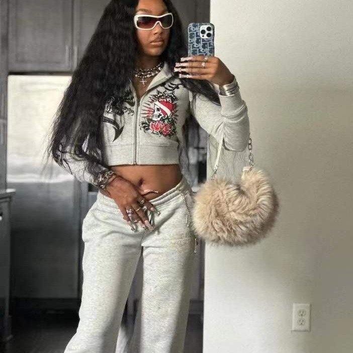 Cute Spring Fall 2 Piece Set Women's Ed Hardy Letter Print Sweatsuit Zipper Hoodie Crop Top and Drawstring Women Two Piece Sets