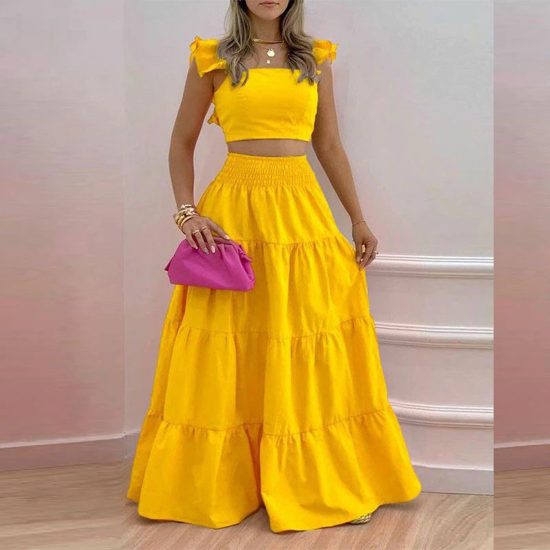 New Arrival Off Shoulder Women's Crop Top And High Waist Loose Maxi Long Skirts Set Casual Two Piece Women Dress Set