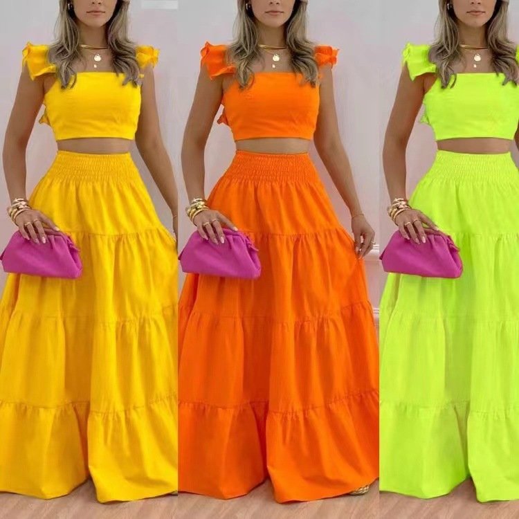 New Arrival Off Shoulder Women's Crop Top And High Waist Loose Maxi Long Skirts Set Casual Two Piece Women Dress Set