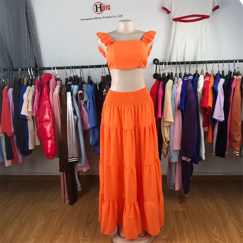 New Arrival Off Shoulder Women's Crop Top And High Waist Loose Maxi Long Skirts Set Casual Two Piece Women Dress Set