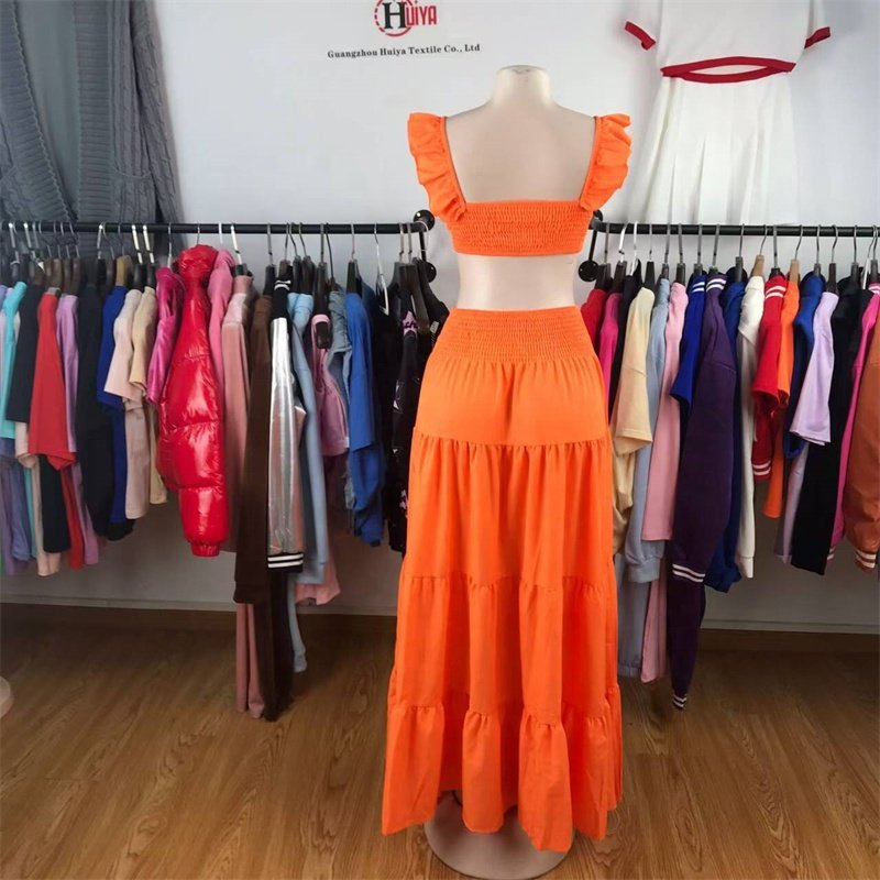 New Arrival Off Shoulder Women's Crop Top And High Waist Loose Maxi Long Skirts Set Casual Two Piece Women Dress Set