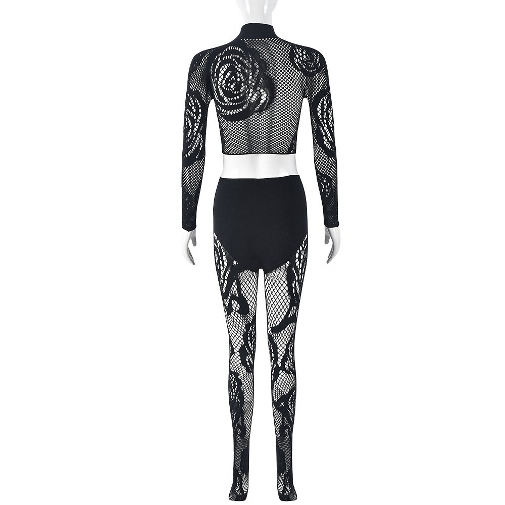 Hole Style Sexy Bodycon Women Sets Two Piece Pants Set Stretchy Skinny Mesh See Through Pants Suit Casual Women Two Piece Set