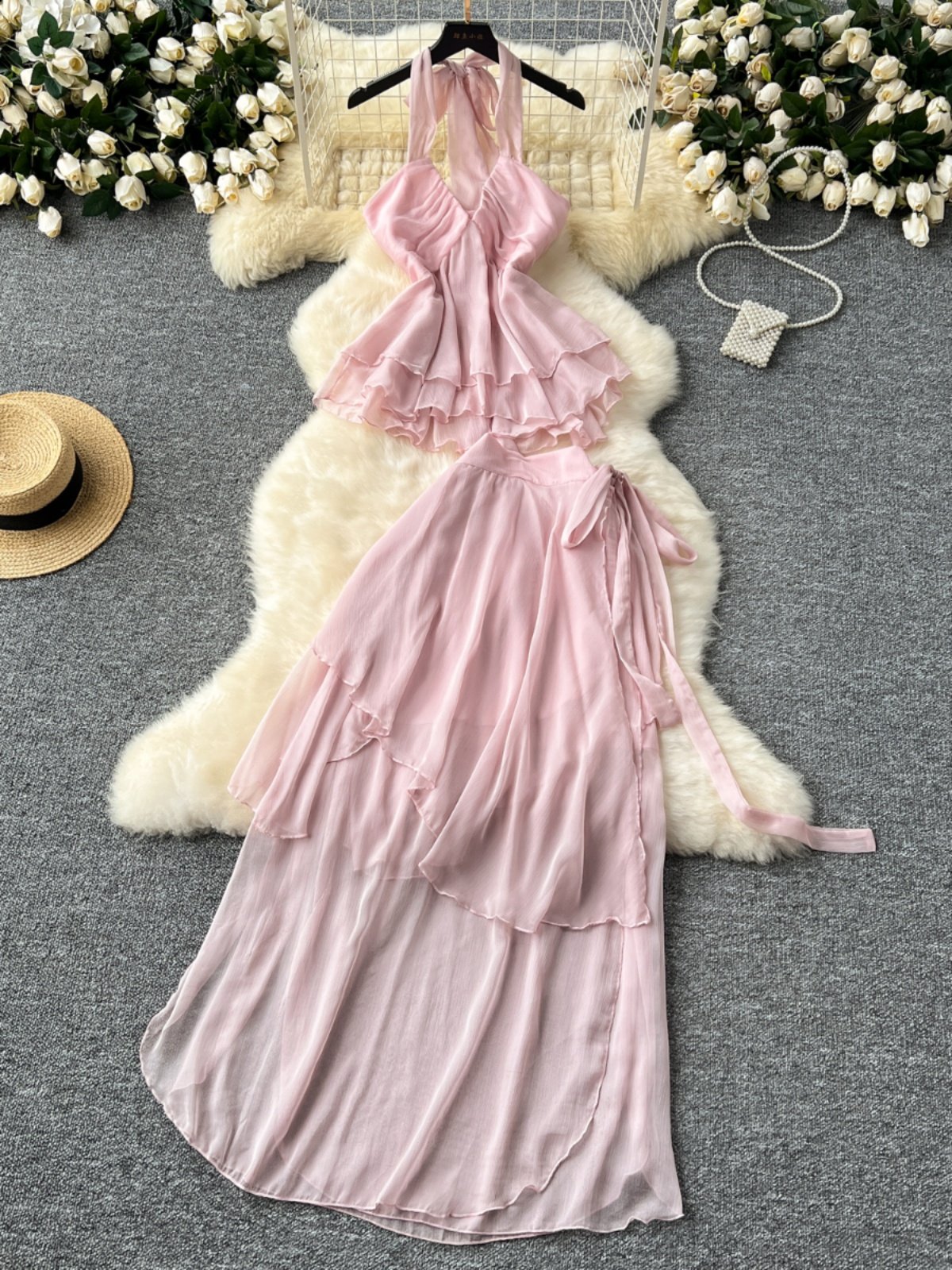 Wholesale 2024 Summer New Sexy Hanging Neck Strap Chiffon Shirt Strap Waist Irregular Half Skirt Women's Set