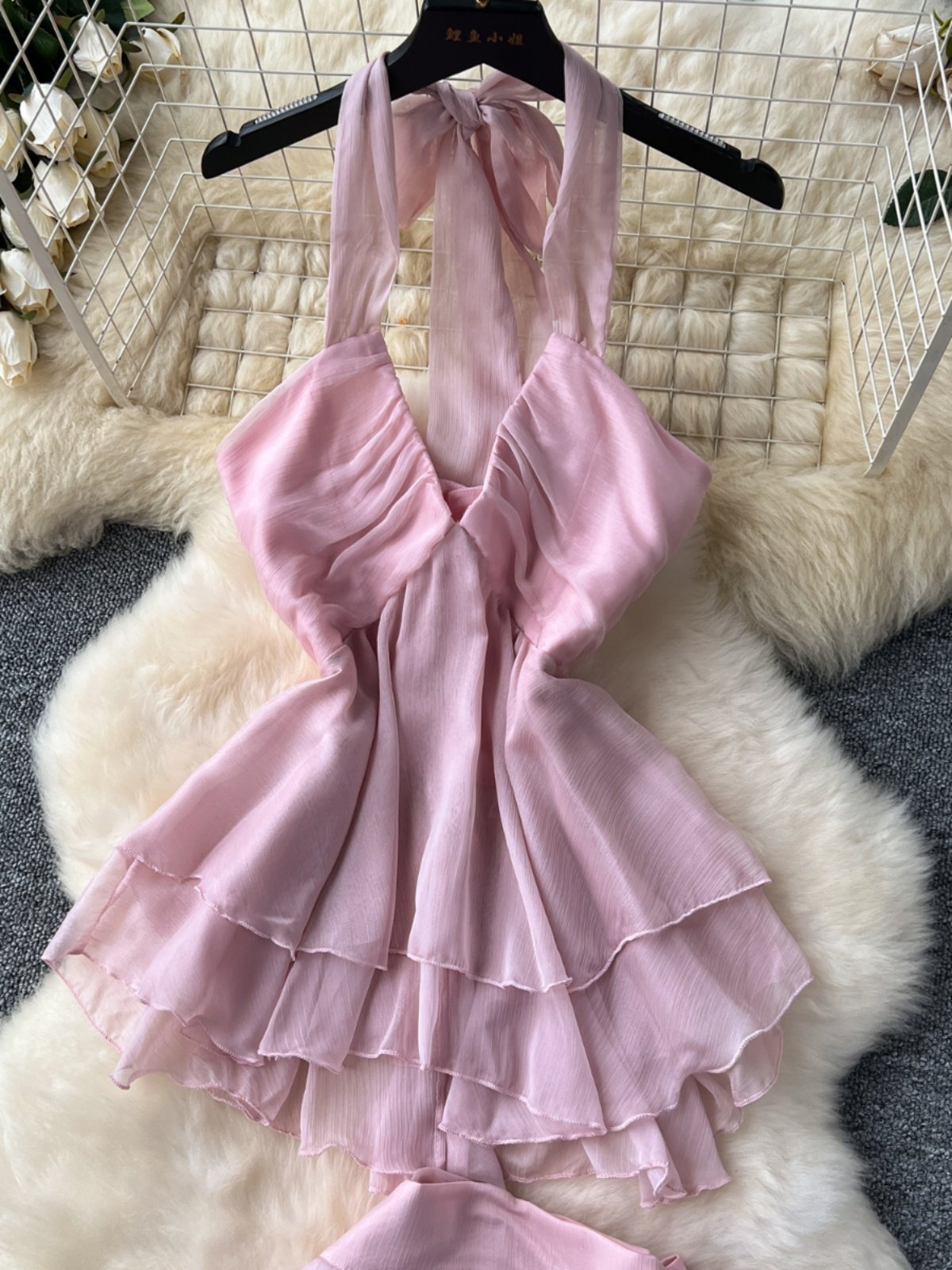 Wholesale 2024 Summer New Sexy Hanging Neck Strap Chiffon Shirt Strap Waist Irregular Half Skirt Women's Set