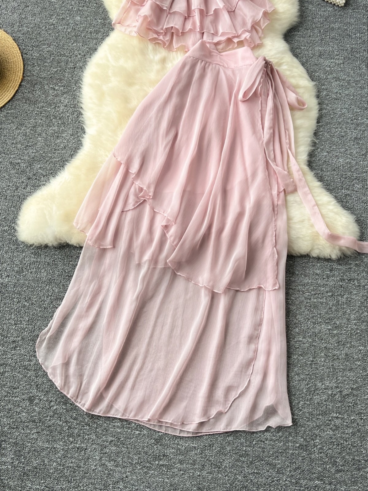Wholesale 2024 Summer New Sexy Hanging Neck Strap Chiffon Shirt Strap Waist Irregular Half Skirt Women's Set
