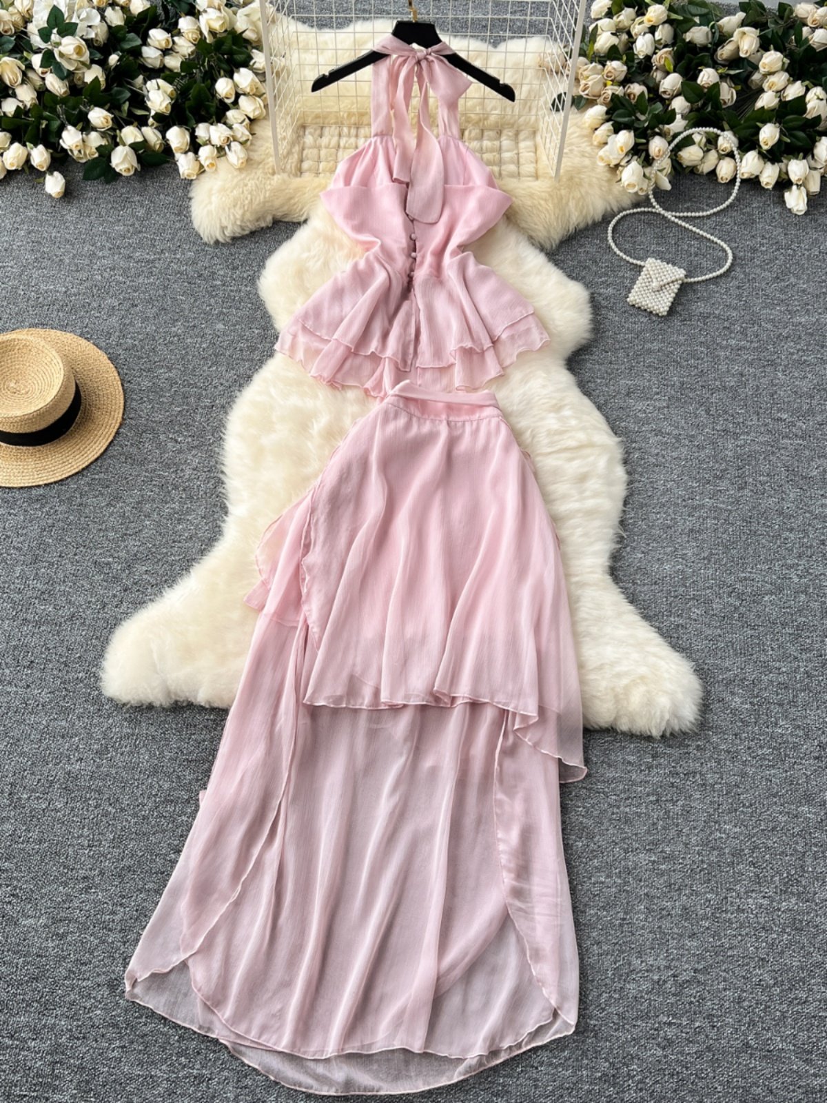 Wholesale 2024 Summer New Sexy Hanging Neck Strap Chiffon Shirt Strap Waist Irregular Half Skirt Women's Set