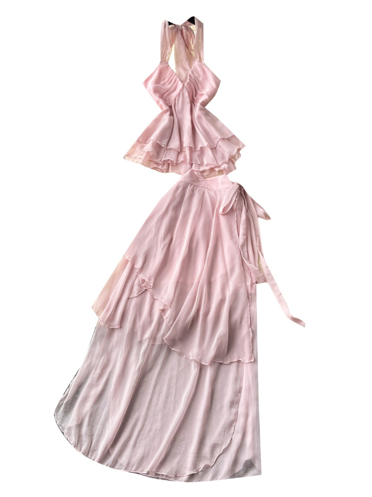 Wholesale 2024 Summer New Sexy Hanging Neck Strap Chiffon Shirt Strap Waist Irregular Half Skirt Women's Set