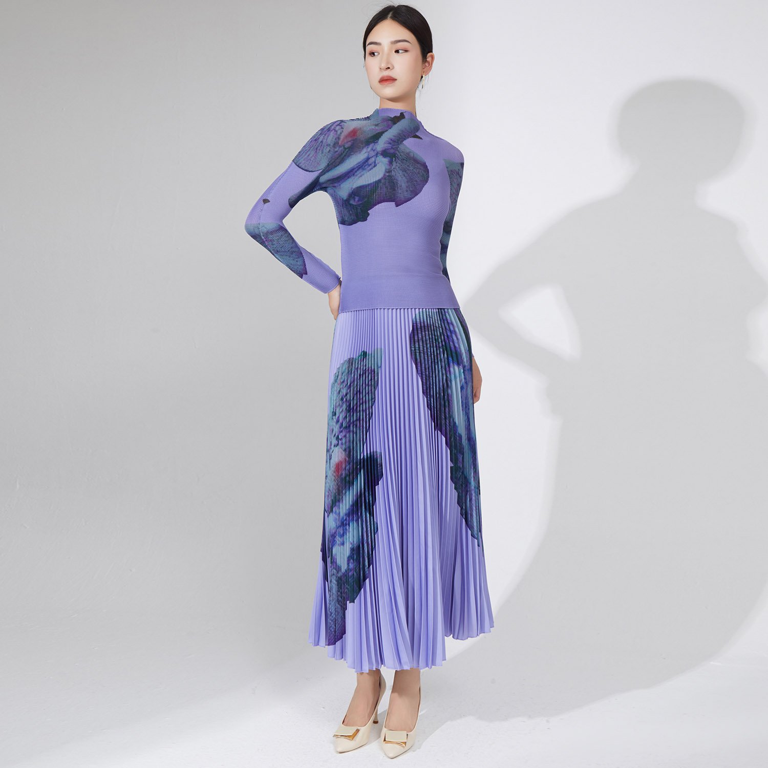 Summer 2023 Women Clothing Pleated Long Sleeve Shirt And Printed Long Pleated Skirt 2 Piece Set Women Plus Size Women's Sets