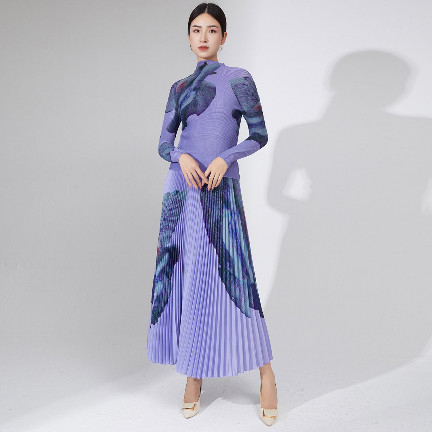Summer 2023 Women Clothing Pleated Long Sleeve Shirt And Printed Long Pleated Skirt 2 Piece Set Women Plus Size Women's Sets