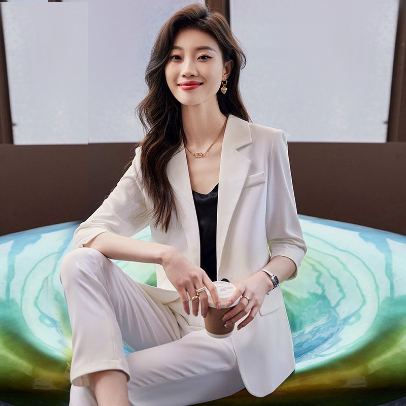 Sexy button ladies blazer woman work jacket white pants suit for plus women's sets 2 piece suit