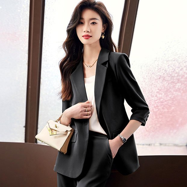 Sexy button ladies blazer woman work jacket white pants suit for plus women's sets 2 piece suit