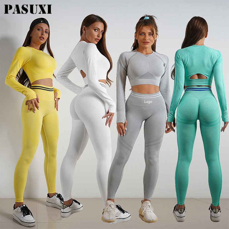 PASUXI Custom Activewear Outfits Women Workout Clothing Long Sleeve Leggings Seamless Gym Fitness Sets Yoga Set