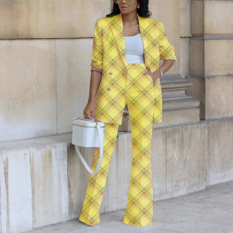 Spot Explosion New Solid Color Casual Double Breasted Blazer Wide Leg Pants Women's Suit Two Piece Set Sehe Fashion
