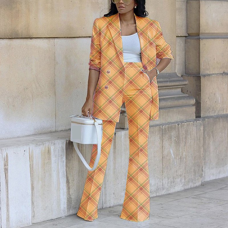 Spot Explosion New Solid Color Casual Double Breasted Blazer Wide Leg Pants Women's Suit Two Piece Set Sehe Fashion