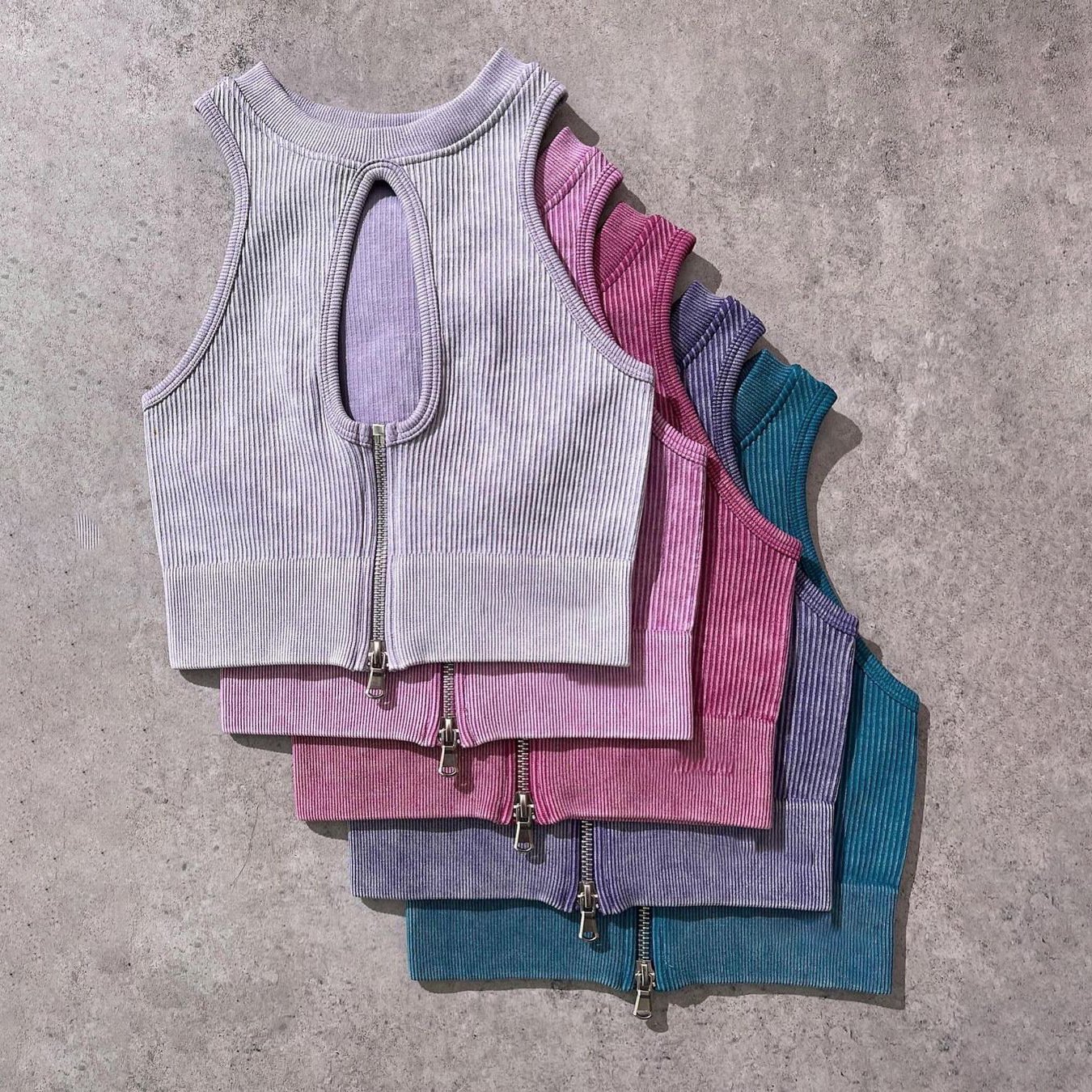 Hot Sale Gym Fitness Yoga set Woman Zip Up Elastic Ribbed Seamless Scrunch Back Training Running Wear