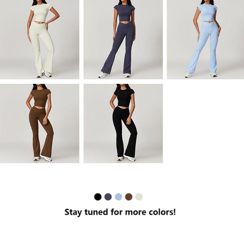 XW-TZ8799-3 Wholesale Summer High Quality Sports Wear Short Sleeve Gym Fitness Flare Plus Size Yoga 2 Piece Sets For Women
