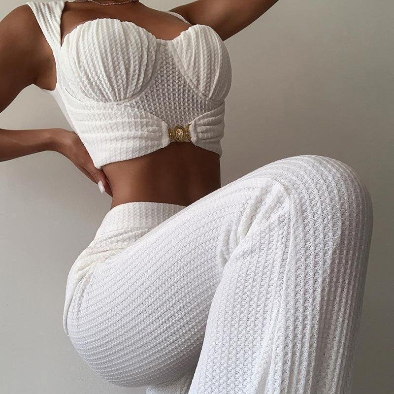 Bubble Design Fit Vest Sleeveless Sexy Crop Top High Waist Wide Leg Floor Length Two Piece Pant Set Women