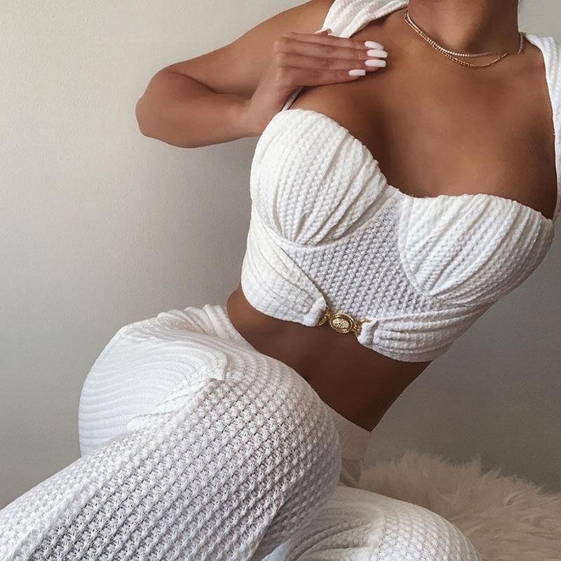 Bubble Design Fit Vest Sleeveless Sexy Crop Top High Waist Wide Leg Floor Length Two Piece Pant Set Women