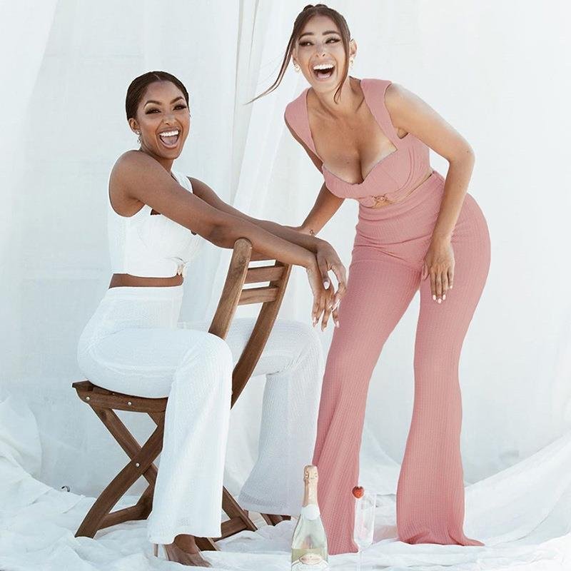 Bubble Design Fit Vest Sleeveless Sexy Crop Top High Waist Wide Leg Floor Length Two Piece Pant Set Women