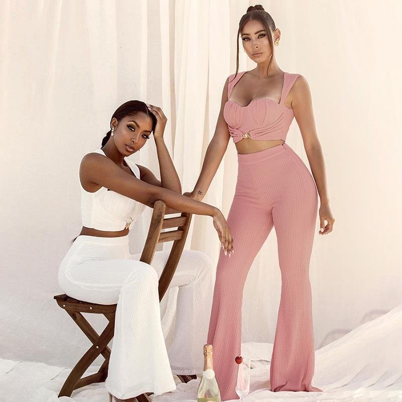 Bubble Design Fit Vest Sleeveless Sexy Crop Top High Waist Wide Leg Floor Length Two Piece Pant Set Women