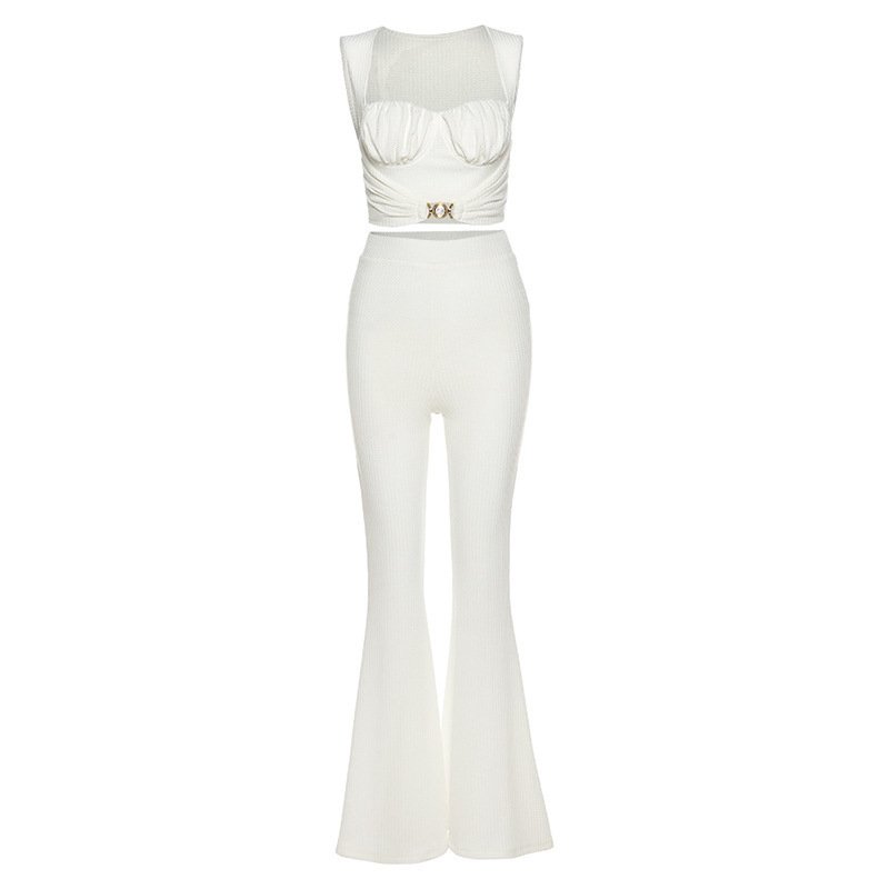 Bubble Design Fit Vest Sleeveless Sexy Crop Top High Waist Wide Leg Floor Length Two Piece Pant Set Women