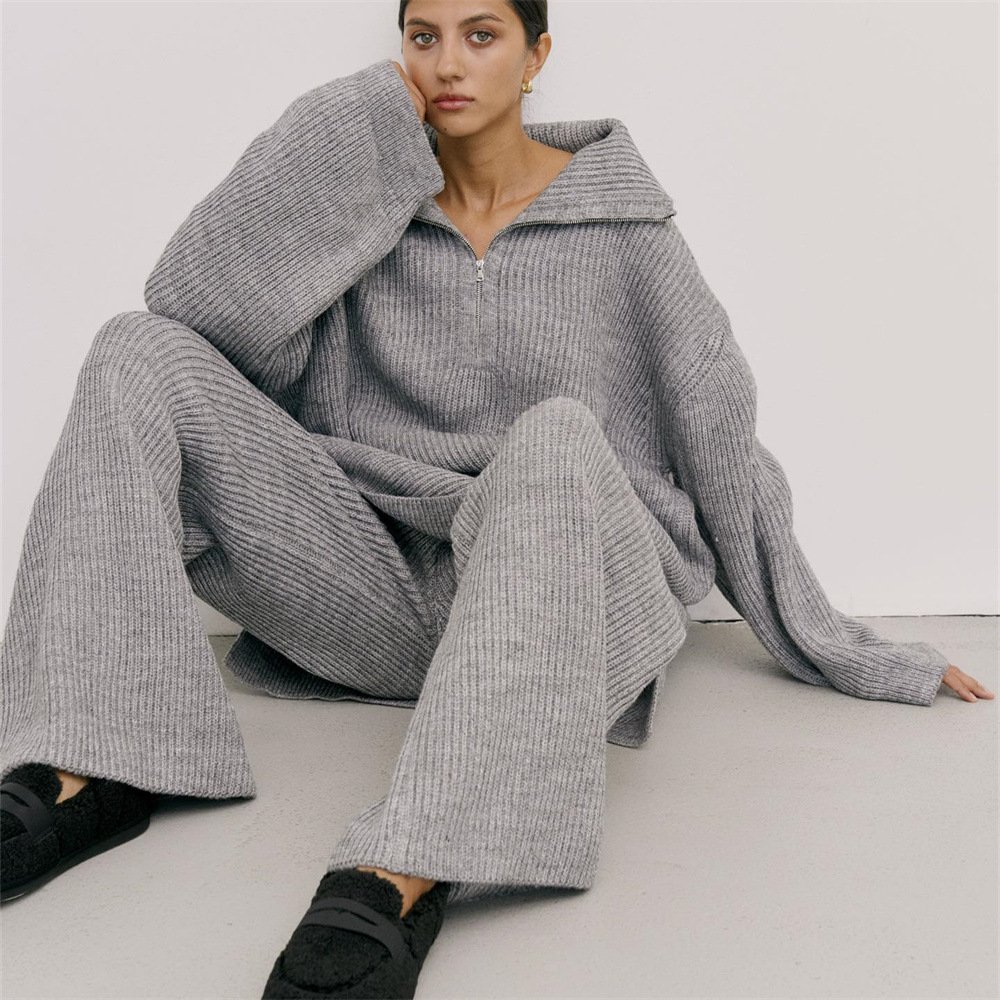women's sets high-grade solid 2 piece set women half zipper sweater knitted straight long Trouser two piece set women clothing
