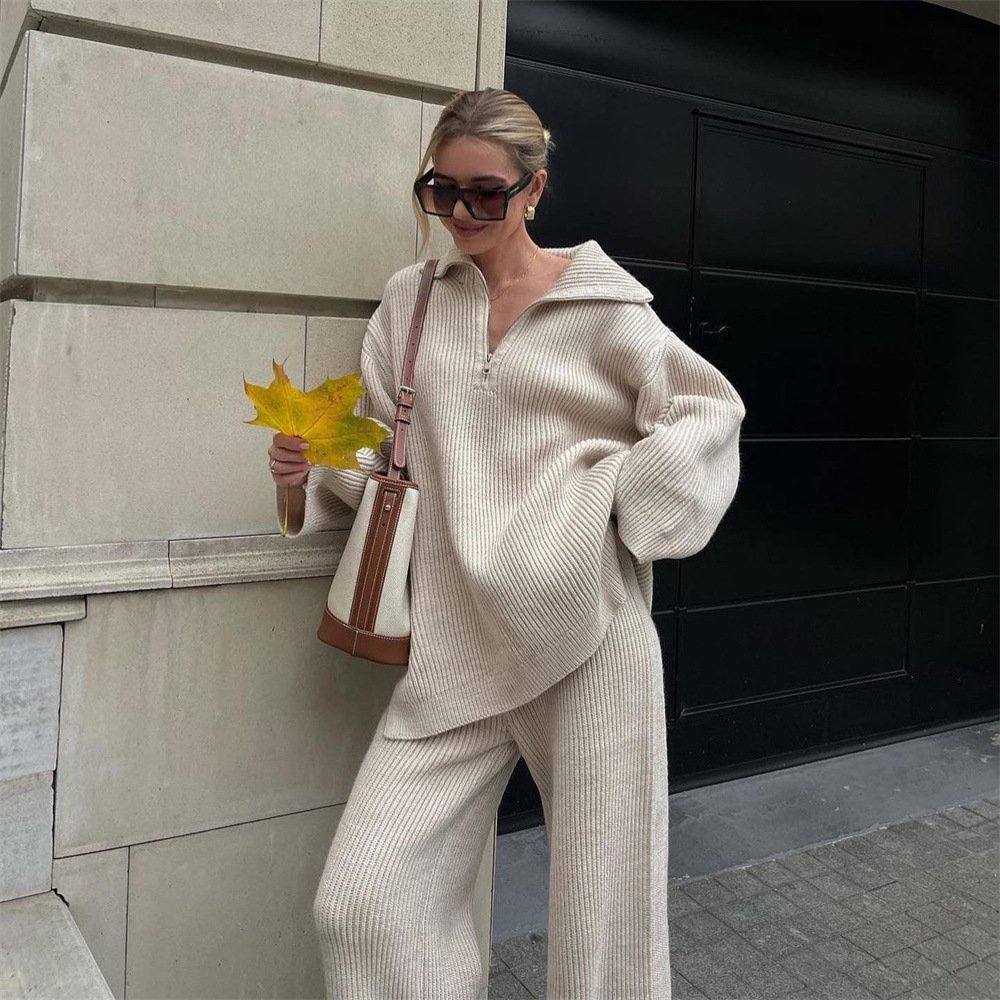 women's sets high-grade solid 2 piece set women half zipper sweater knitted straight long Trouser two piece set women clothing